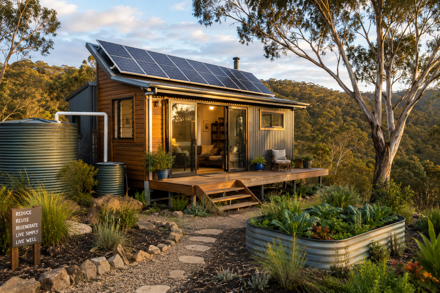 Off-grid tiny home in an Australian landscape with rooftop solar, rainwater storage and productive garden beds